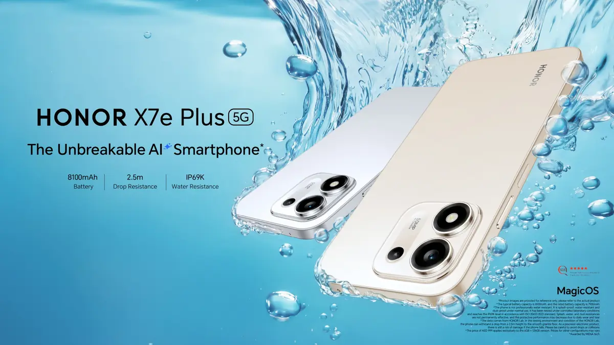 HONOR X7e Plus 5G smartphone showcasing rugged durability and AI features
